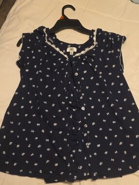 Aria Navy Blue Floral Button-Front Sleep Top with White Lace